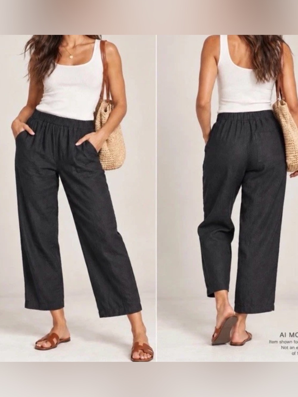 NWOT Quince Medium Black 100% European Linen Pants Elastic Waist Cropped Coastal